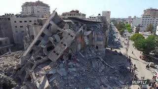 צילומי רחפן נראים בניינים בעיר עזה הרוסים לאחר הפצצה ישראלית