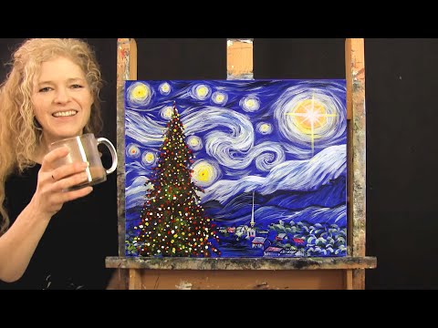Learn How to Paint "STARRY NIGHT CHRISTMAS" with Acrylic - Paint & Sip - Van Gogh Inspired Landscape