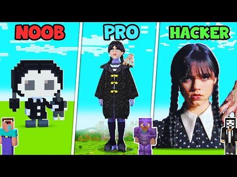 Minecraft STATUE WEDNESDAY ADDAMS STATUE HOUSE BUILD CHALLENGE : NOOB vs PRO vs HACKER / Animation