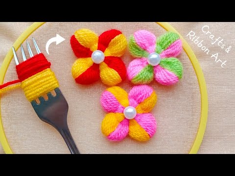 💖🌟 Superb Woolen Flower Craft Idea with Fork - Hand Embroidery Amazing Flower Design - DIY Flowers