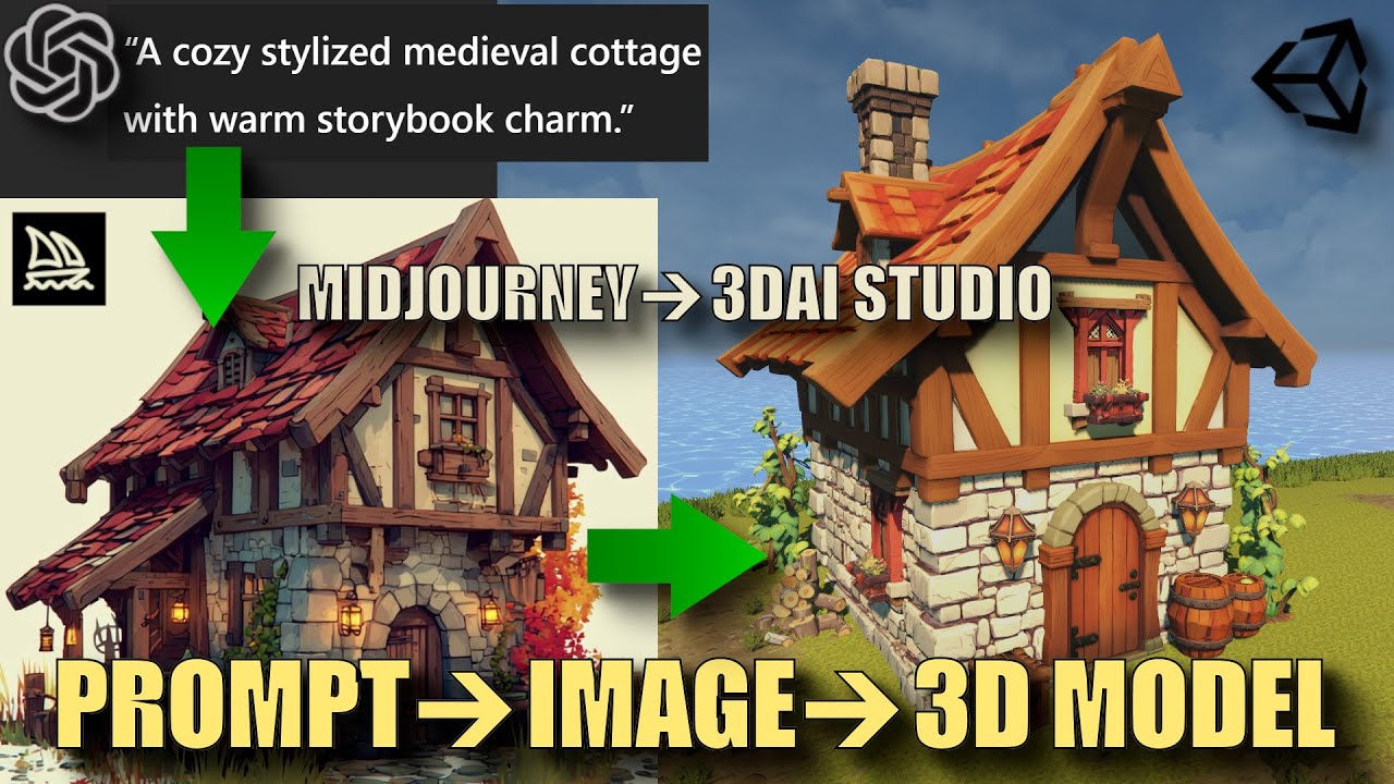 AI Prompt to 3D Medieval Cottage | Midjourney → 3DAI Studio → Unity Tutorial