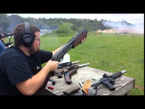 1740 double barrel pump shotgun at the NFA Review channel shoot