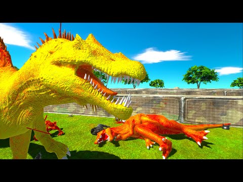 COLORED UNITS RUN INTO YELLOW SPINOSAURUS MOUTH