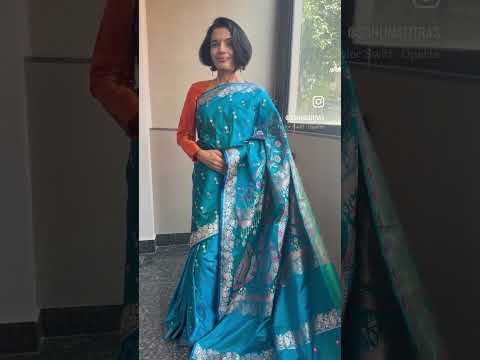Teal Dual-Tone Mushroo Silk Grand Pallu Banarasi Saree with Silver-Tone Zari