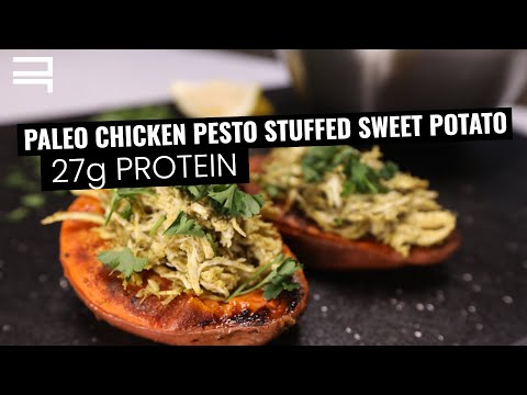 Paleo Chicken Pesto Stuffed Sweet Potato | 27g Protein Recipe | FREE Nutrition Guidebook Download