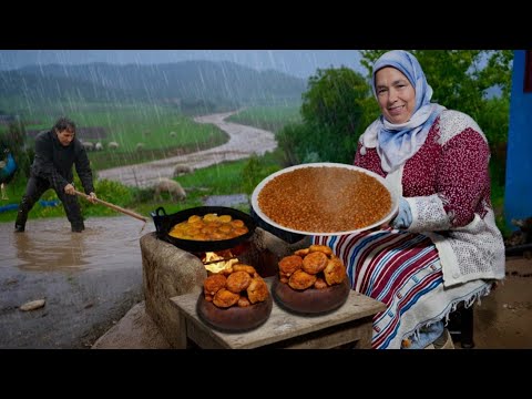 شتاء عاصف في القرية 🌧️ | فيضان النهر ووجبة دافئة على الكانون 🔥