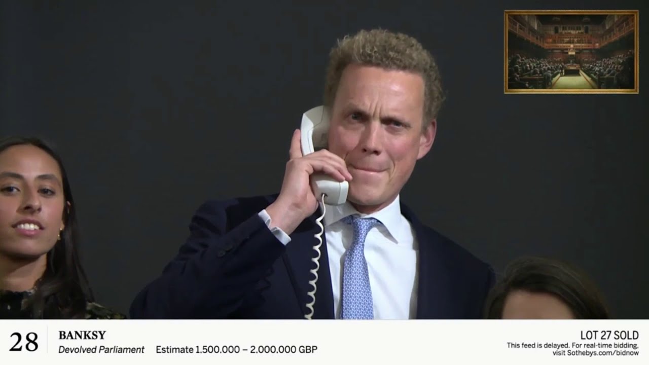 Sotheby's Auction of Banksy's Devolved Parliament. £8.5 million plus premium (9.8 mil all in!)