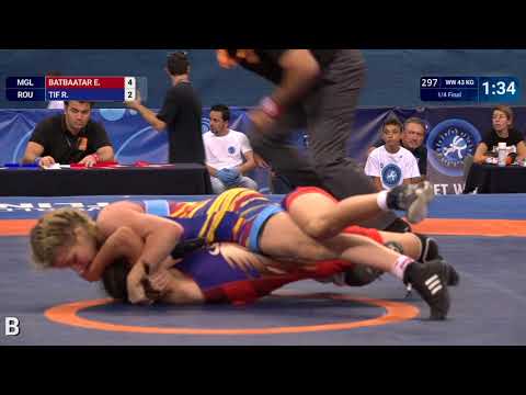 1/4 WW - 43 kg: R. TIF (ROU) df. E. BATBAATAR (MGL) by VFA, 4-2