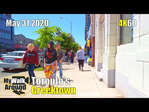 Toronto Greektown walk around Danforth Ave May 31 2020 on a beautiful & sunny Sunday afternoon (4k)