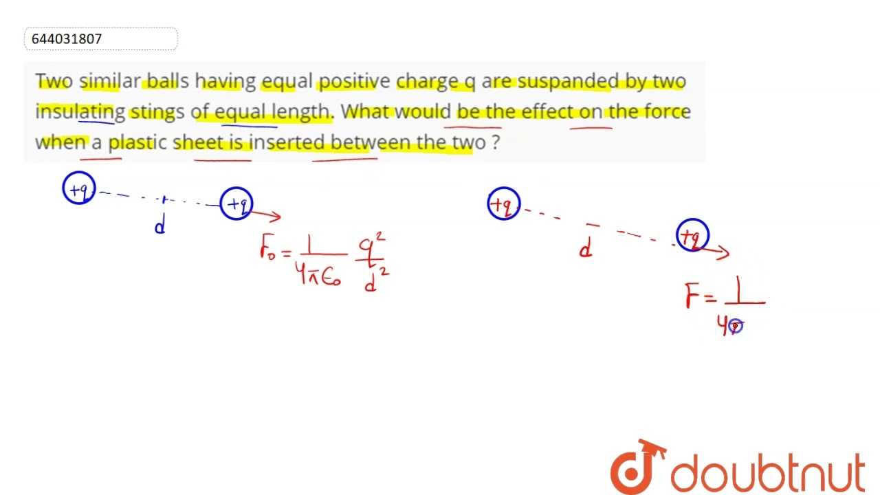 Watch video Two similar balls having equal positive charge q are suspanded by two insulating stings of equal... Now Two similar balls having equal positive charge q are suspanded by two insulating stings of equal...