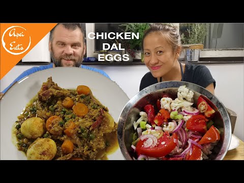 EATING CHICKEN EGGS AND DAL CURRY WITH SUMMER SALAD/ORGANIC TOMATOES/SIMPLE RECIPE/TRIBAL COOKING