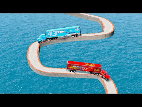 Mack Truck vs King Dinoco Truck vs Impossible Spiral Bridge Vs Deep Water - BeamNG.Drive