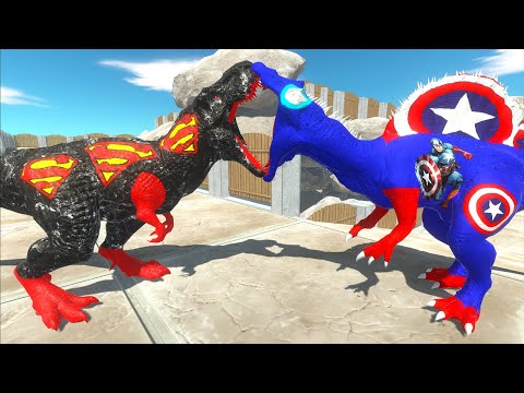 DARK SUPERMAN T-REX vs CAPTAIN AMERICA SPINOSAURUS DEATH RUN - Animal Revolt Battle Simulator