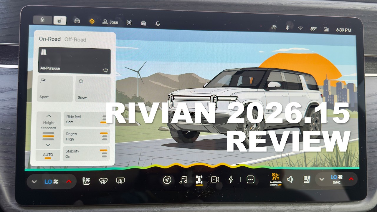 RivianTrackr demonstrating Rivian Assistant voice commands inside an R1S during the 2026.15 software update walkthrough