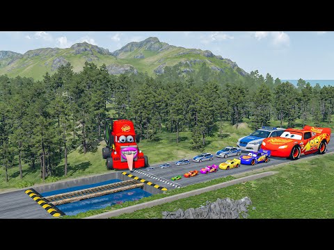 Big & Small McQueen & Police Car vs Zombie Mack, Giant Water Pit & Speed Bumps Downhill Race|BeamNG