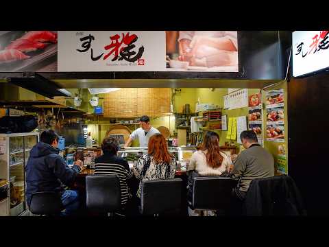 5seat sushi restaurant open from morning at a traditional seafood market in Hakodate Hokkaido, Japan