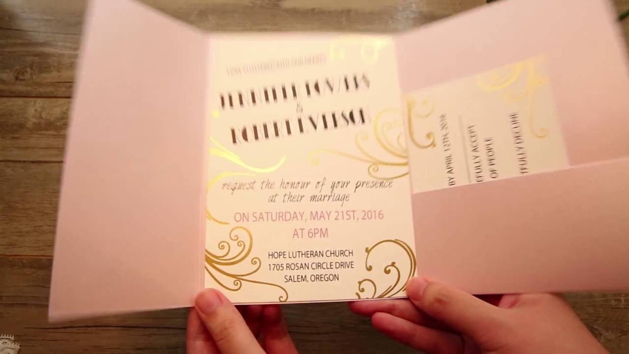 Pink fold pocket wedding invitations with gold patterns