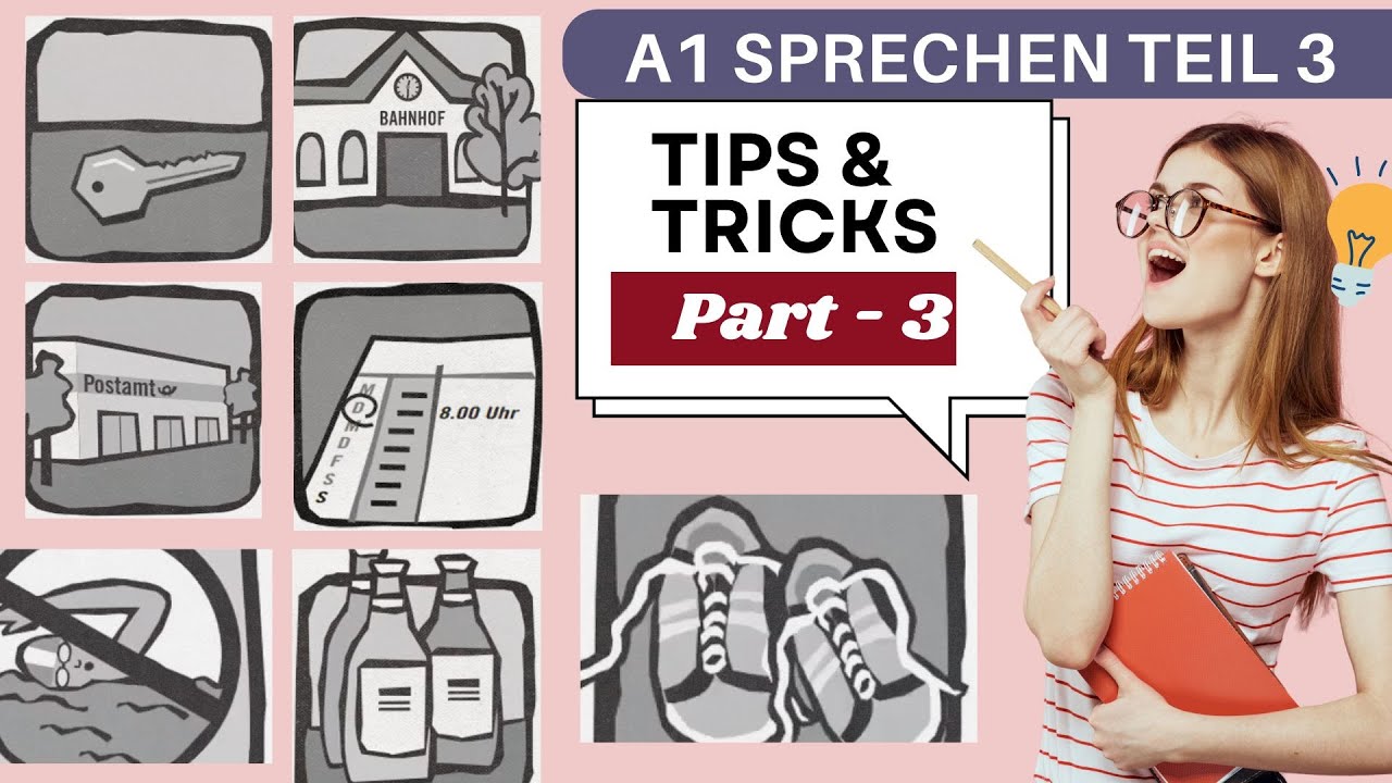 A1 Sprechen Teil 3 | Fragen und Antworten mit Bildern: Postamt, Schlüssel, Bahnhof, Briefmarken.