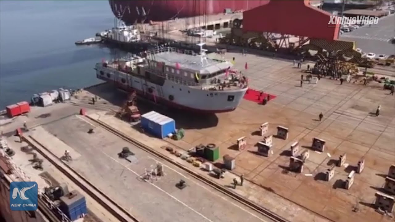 Seismic surveying vessel for offshore oil exploration launched in Tianjin, China