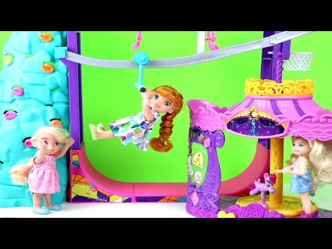 Zip Line Play Time! Elsa and Anna Toddlers - Merry-go-round - Zip Line - Rock Climbing