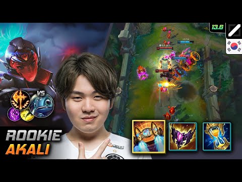 Rookie Mid Akali Build Hextech Rocketbelt Conqueror - Rookie Akali Match Highlight - LOL KR 13.6