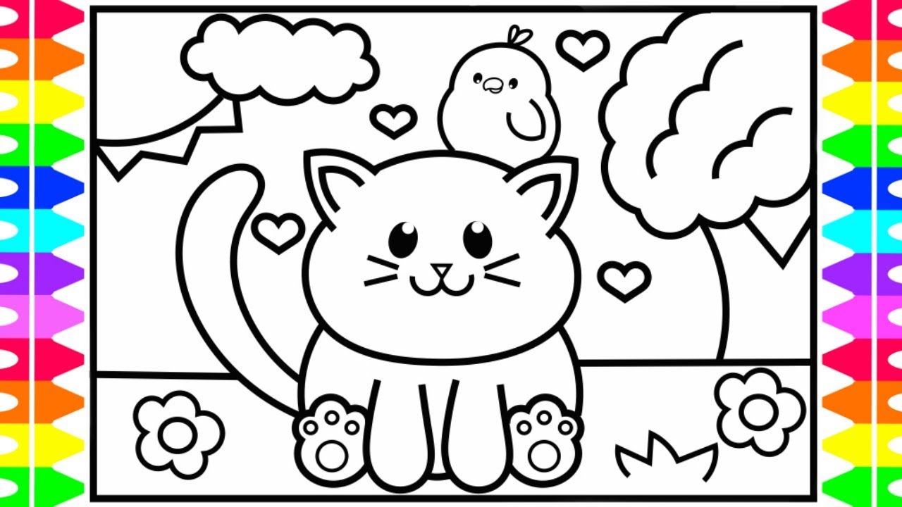 How to DRAW for KIDS 💜 CAT and BIRD Friendship Coloring Page 💚 CUTE Animal Drawings for KIDS Easy
