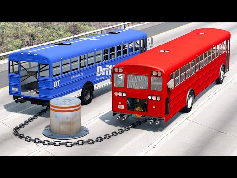 Chained Buses vs Bollards - BeamNG.drive