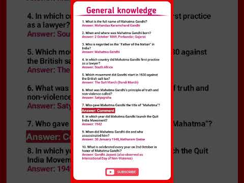 Mahatma Gandhi General knowledge questions and answers #gk #generalknowledgequestions #gkinenglish
