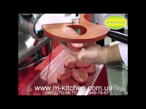 Hamburgatrice Sirman FORMAT S montata su tritacarne   Burger maker former press meat mincer grinder