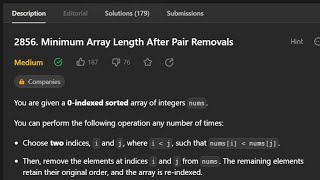 YouTube video 'LeetCode Solution | 2856. Minimum Array Length After Pair Removals | Biweekly Contest 113'