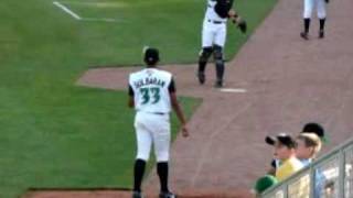 Juan Carlos Sulbaran warming up in the bullpen pregame