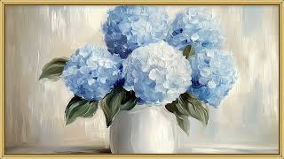 Vintage frame TV art blue floral hydrangeas TV screensaver wallpaper background oil painting decor