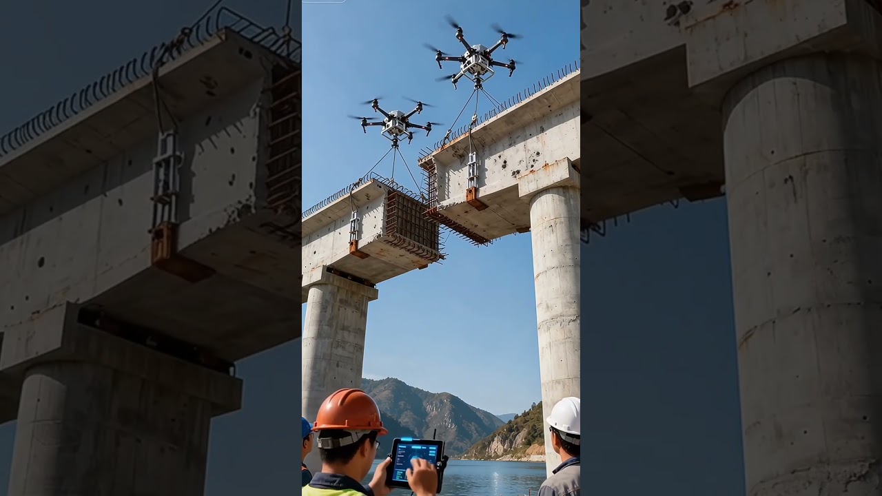🎯🚁 Drones Lifting Massive Bridge Beams! Unbelievable Construction Technology 😱 #DronePower#foryou