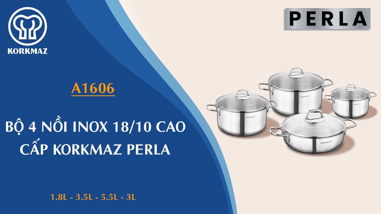 Bộ nồi bếp từ inox 4 món cao cấp Korkmaz Perla nắp kính 1.8l, 3.5l, 5.5l, 3l - A1606