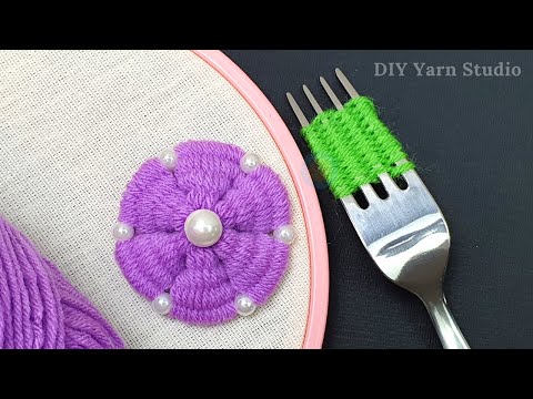 Super Easy Woolen Flower Making Ideas with Fork - Hand Embroidery Amazing Trick - DIY Yarn Flower
