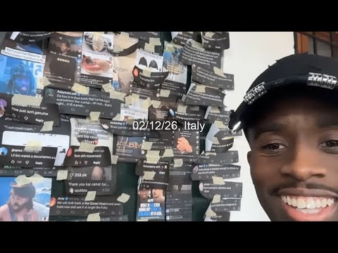 Kai Cenat's "hate wall" filled with printed out comments from trolls