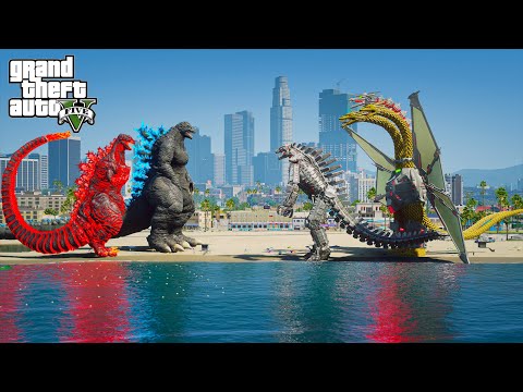 Shin Godzilla, Godzilla Rider vs Mechagodzilla, Mecha Ghidorah - Epic Scene ( GTA V Mods )