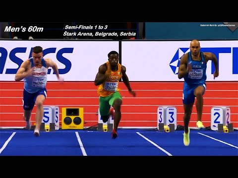 Men's 60m, Semi-Finals 1-3.  Štark Arena, Belgrade, Serbia.  PM Session, Day 2 of 3, March 19, 2022.