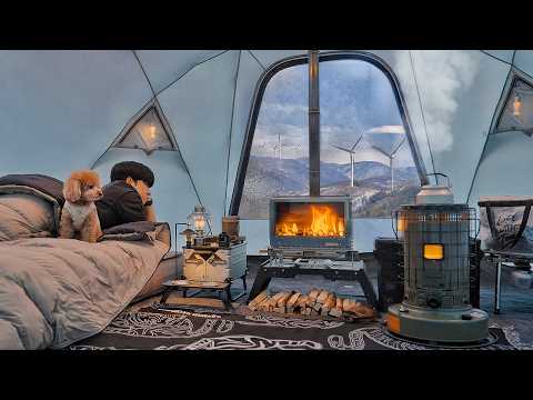 Camping in Snow Mountain with My Dog . Relaxing in the Hot Tent . Wood Stove ASMR