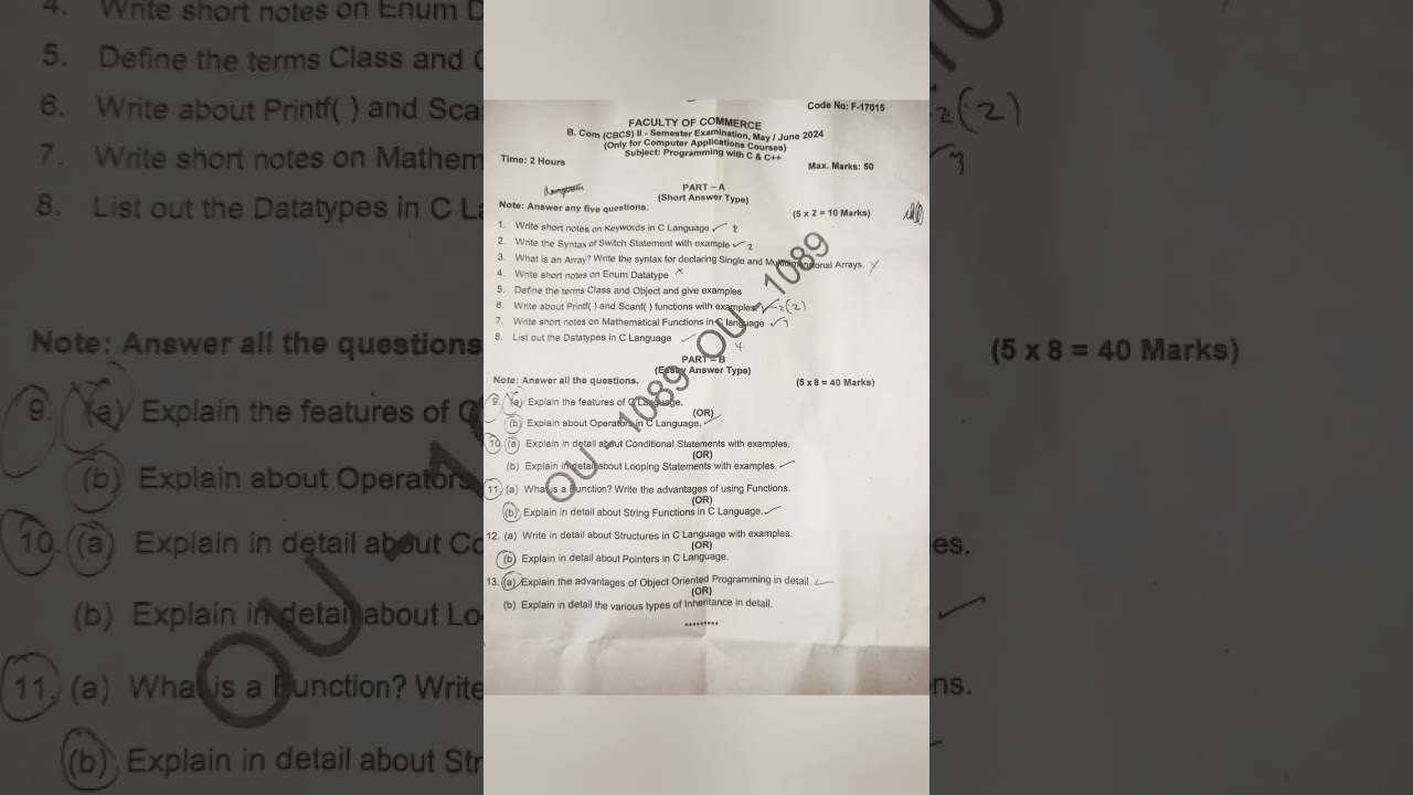 programming with C and C++ paper 2024 may/June B.com computer applications sem 2 osmania university