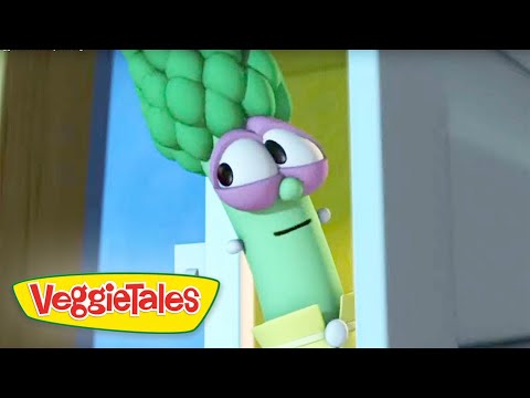 Cartoon green vegetable from VeggieTales peeking through a doorway, with purple glasses and a sleepy expression.
