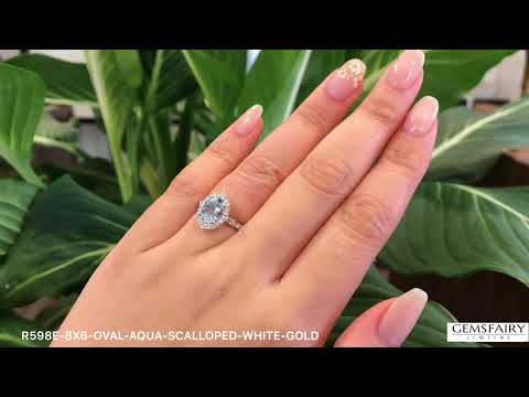 Vintage Floral Oval Aquamarine Ring in Scalloped Band in White Gold