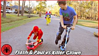 Scary Killer Clown Chases The Flash & Paul on Fuzion Scooters Real Life Movie Comics SuperHero Kids