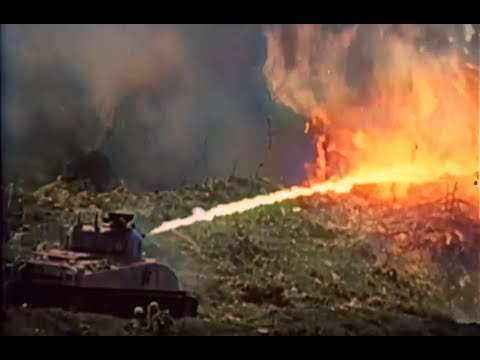 Flame Thrower Tanks on Okinawa 1945  - Restored Colorized Combat Footage