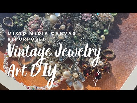 How to repurpose vintage jewelry art DIY mixed media canvas #giftsforMom #MixedMedia #JunkJewelry