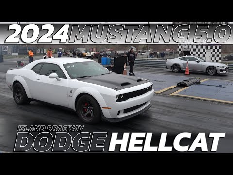2024 Mustang 5.0 vs Dodge Hellcat Close call Drag Race @ Island dragway