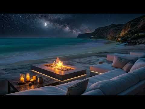Tranquil Starry Night by the Shore | Calming Ocean Waves & Crackling Fire Sounds