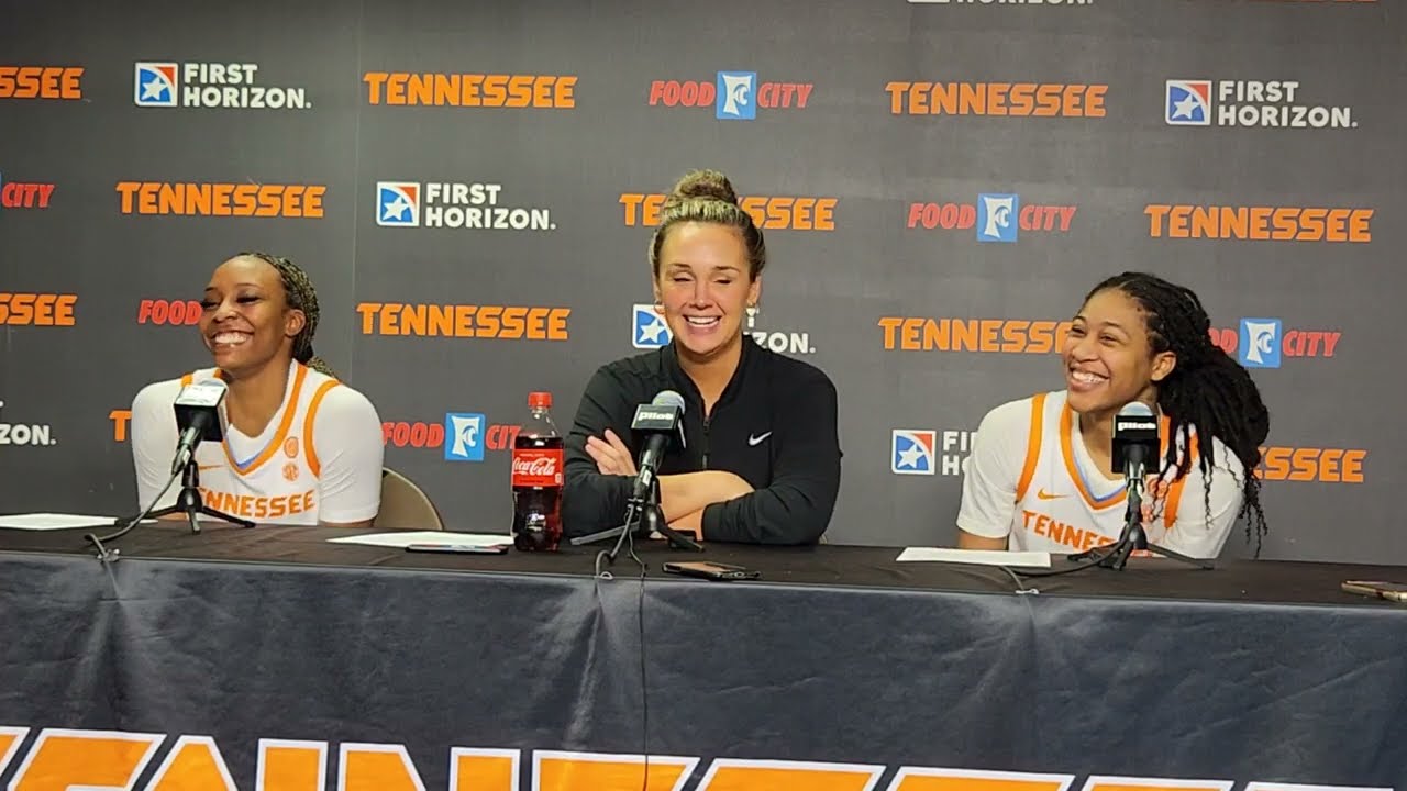 Lady Vols Coach Kim Caldwell, Samara Spencer, Jewel Spear post-game vs. UConn