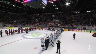 Finland sings the national anthem to celebrate a gold medal at #IIHFWorlds