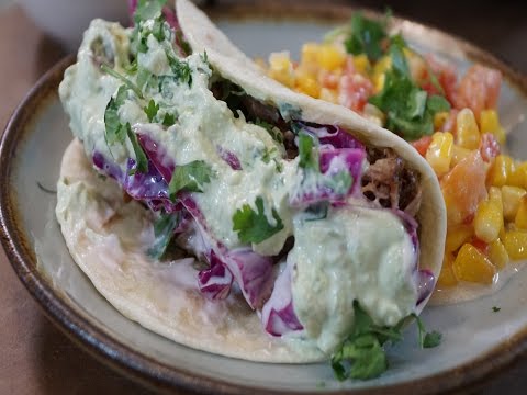 PORK TACOS WITH CILANTRO SLAW AND AVOCADO CREMA